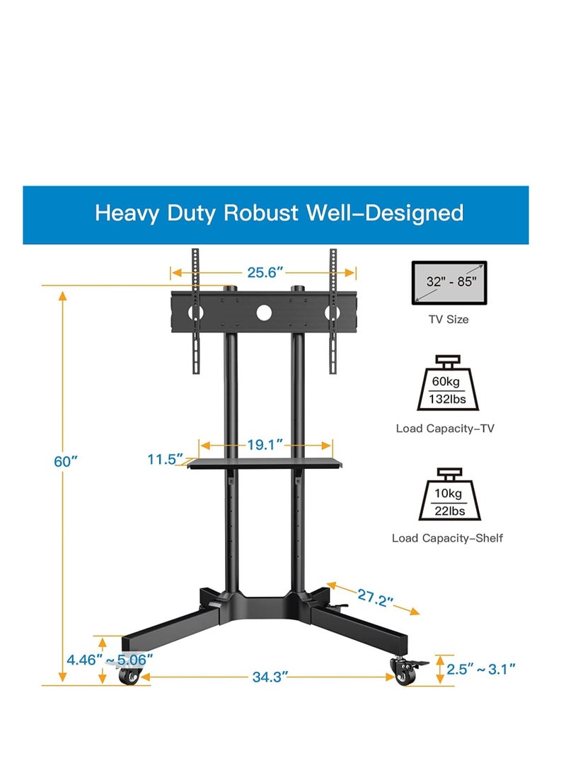 Mobile TV Cart with Wheels for 32-65 Inch LCD LED Plasma Flat Screen TVs- Height Adjustable Rolling TV Stand Hold up to 132 lbs- Floor Stand with Tray Max VESA 600x400mm