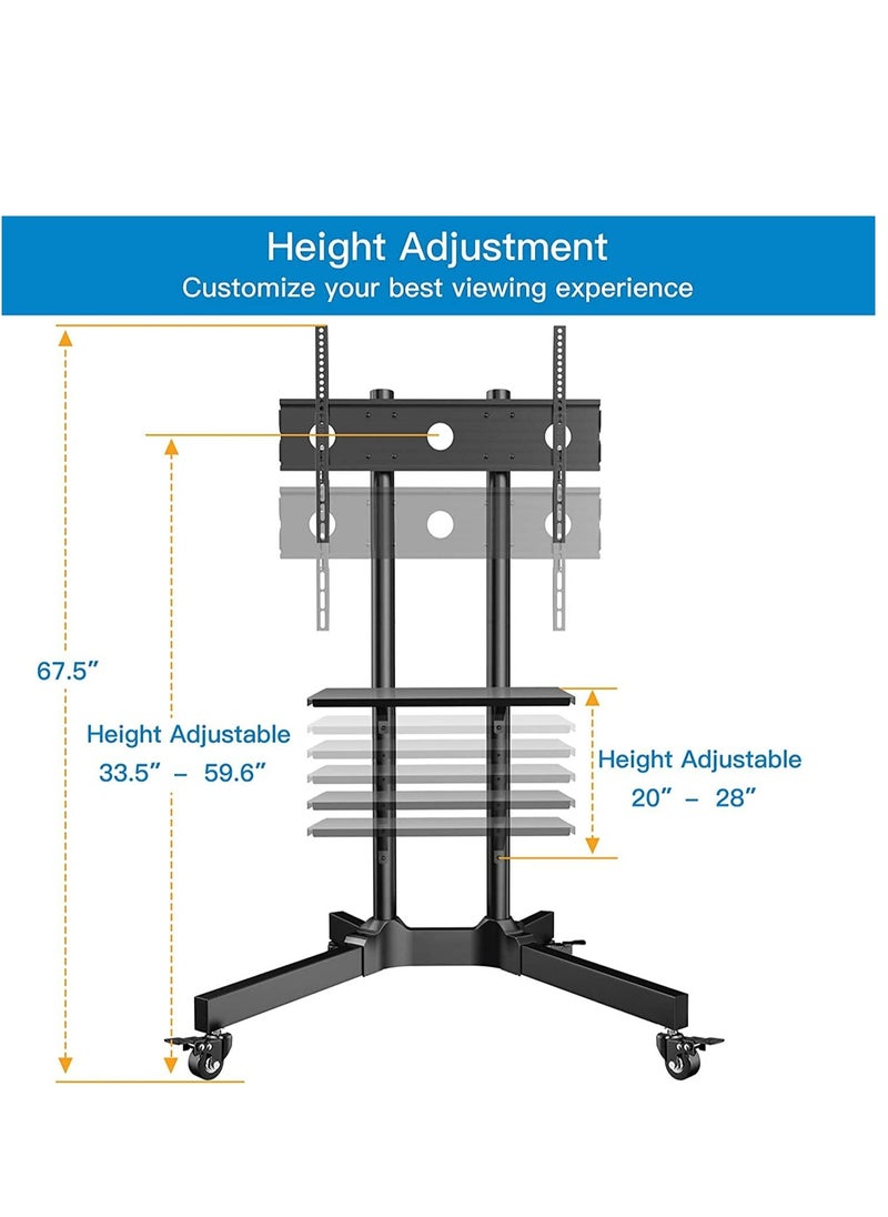 Mobile TV Cart with Wheels for 32-65 Inch LCD LED Plasma Flat Screen TVs- Height Adjustable Rolling TV Stand Hold up to 132 lbs- Floor Stand with Tray Max VESA 600x400mm