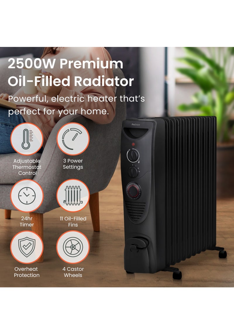 برو_بريز مدفأة زيتية مزودة بـ 11 ريشة، مدفأة كهربائية رفيعة، مدفأة زيتية محمولة مع مؤقت مدمج لمدة 24 ساعة، 3 إعدادات للحرارة، منظم حرارة قابل للتعديل - Image 2