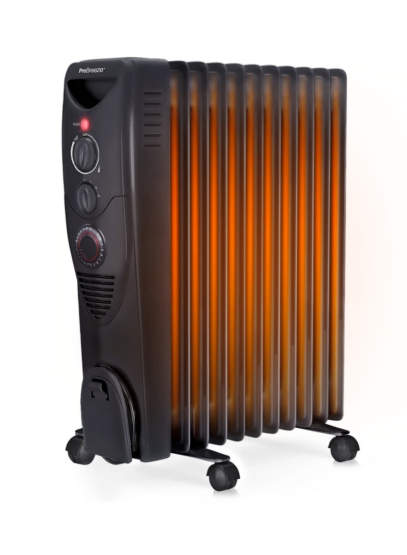 برو_بريز مدفأة زيتية مزودة بـ 11 ريشة، مدفأة كهربائية رفيعة، مدفأة زيتية محمولة مع مؤقت مدمج لمدة 24 ساعة، 3 إعدادات للحرارة، منظم حرارة قابل للتعديل - Image 1