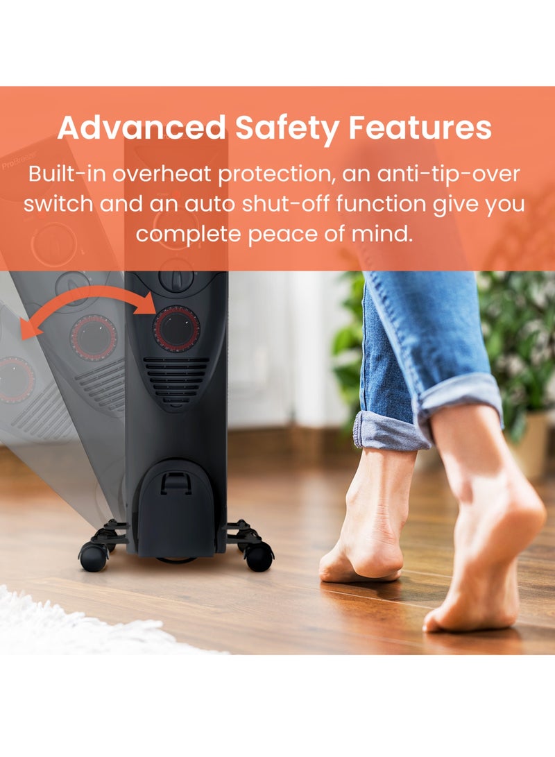 برو_بريز مدفأة زيتية مزودة بـ 11 ريشة، مدفأة كهربائية رفيعة، مدفأة زيتية محمولة مع مؤقت مدمج لمدة 24 ساعة، 3 إعدادات للحرارة، منظم حرارة قابل للتعديل - Image 5