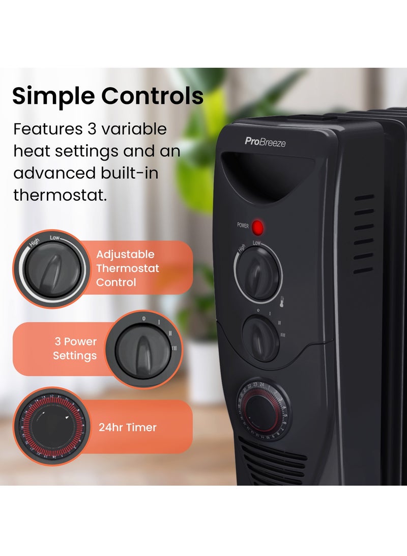 برو_بريز مدفأة زيتية مزودة بـ 11 ريشة، مدفأة كهربائية رفيعة، مدفأة زيتية محمولة مع مؤقت مدمج لمدة 24 ساعة، 3 إعدادات للحرارة، منظم حرارة قابل للتعديل - Image 3