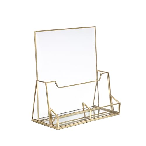 BTSKY حامل كتيبات زجاجي ذهبي من BTSKY 85 × 11 بوصة حامل عرض كتيبات على الطاولة مع حامل بطاقات العمل حامل منشورات ثلاثي الطيات حامل عرض كتيبات زجاجي أنيق لمجلات الكتيبات - Image 1