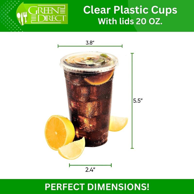 Green Direct 20 oz. Plastic Clear Cups With Flat Lids for Cold Drink/Bubble Boba/Iced Coffee/Tea/Smoothie Pack of 100 - Image 2