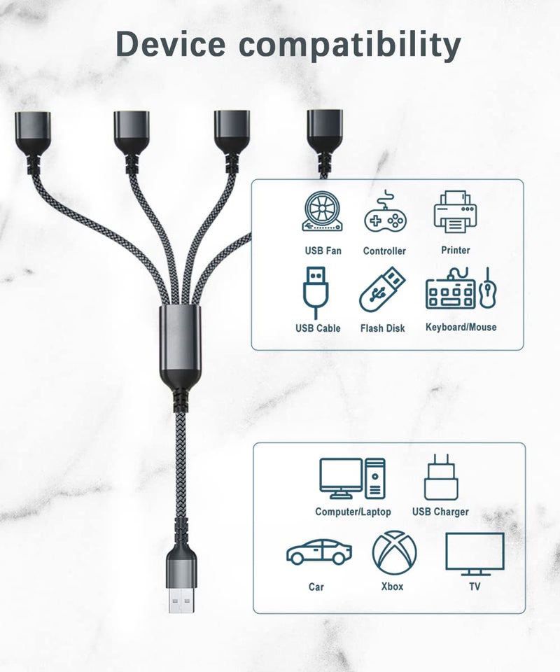 Basesailor USB Splitter 1 In 4 Out 1FT,USB Y Cable,USB A Male to Four Female Extension Cord Adapter,4 Port Multi Multiport Extender Hub,Double Dual Data Power Charger Split For Car,Xbox,PS4,PS5,Laptop - Image 3