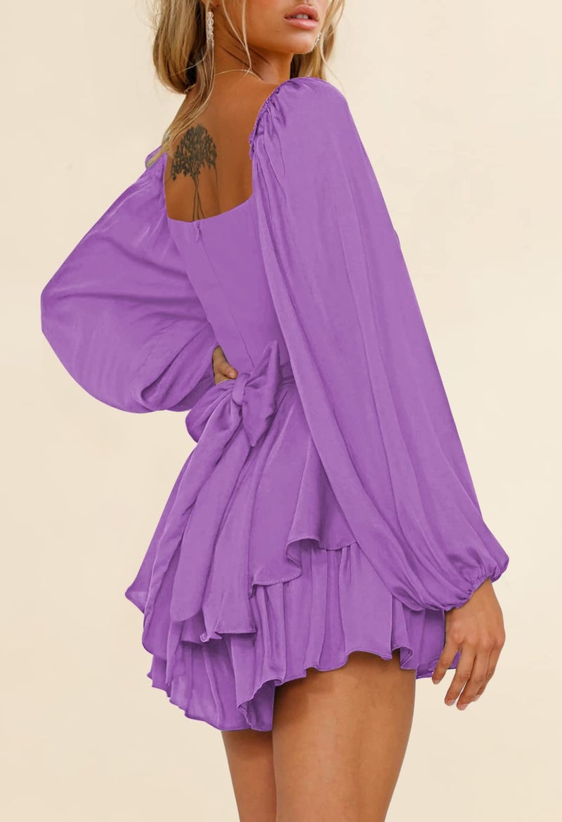 Fixmatti Lantern Long Sleeve Romper for Women off Shoulder Ruffle Layer Tie Mini Shorts Jumpsuits Purple S - Image 5