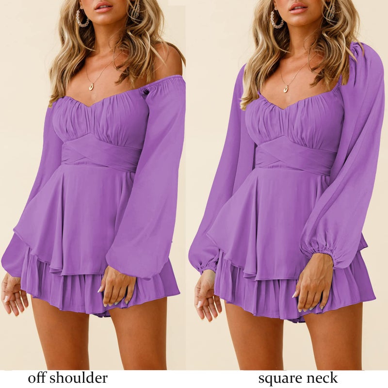 Fixmatti Lantern Long Sleeve Romper for Women off Shoulder Ruffle Layer Tie Mini Shorts Jumpsuits Purple S - Image 4