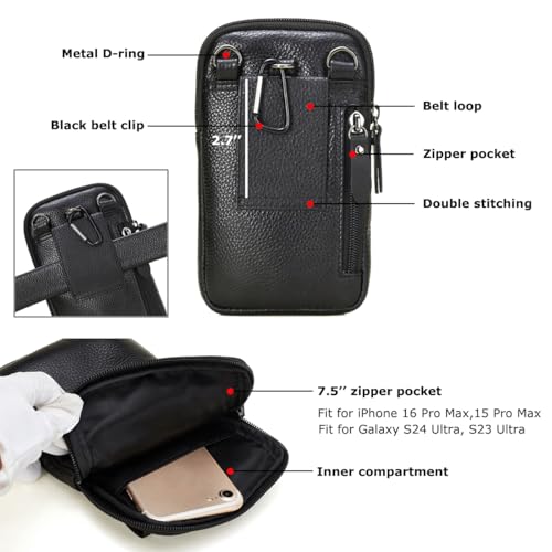 VIIGER Leather Cell Phone Shoulder Holster Compatible with iPhone 17 Pro Max 16 Pro Max Galaxy S25 Ultra Large Multi-Pocket Crossbody Phone Bag Smartphone Pouch with Belt Loop Clip for Women, Black - Image 2