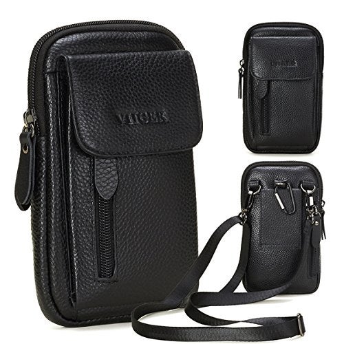 VIIGER Leather Cell Phone Shoulder Holster Compatible with iPhone 17 Pro Max 16 Pro Max Galaxy S25 Ultra Large Multi-Pocket Crossbody Phone Bag Smartphone Pouch with Belt Loop Clip for Women, Black - Image 1