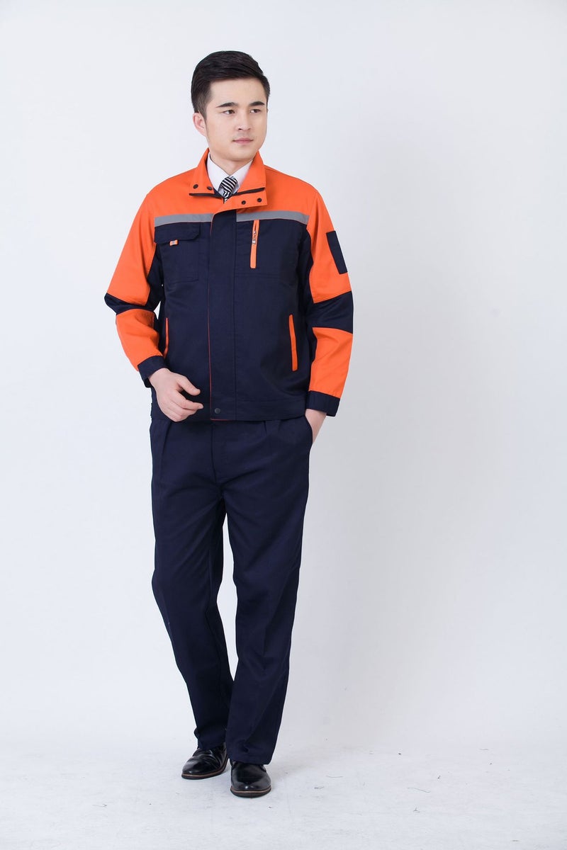 Factory workshop breathable long sleeve labor protection clothing wholesale printable LOGO embroidered word wear-resistant property welding work clothes set Blue with orange shoulder suit 