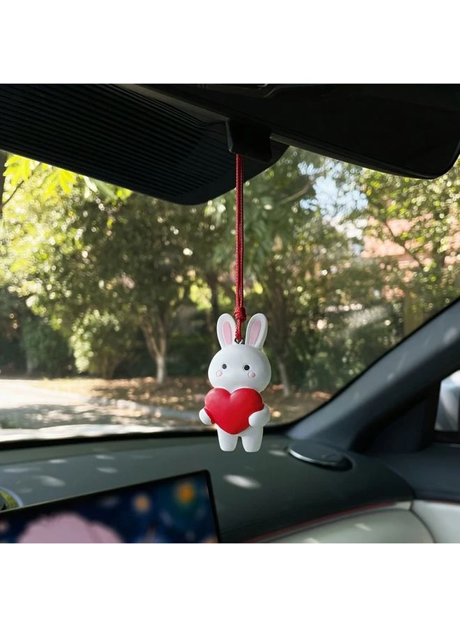 Pink Heart Shaped Rabbit Car Mirror Hanging Ornament With Red Ribbon - Image 1