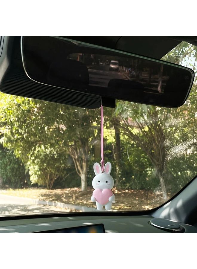 Pink Heart Shaped Rabbit Car Mirror Hanging Ornament With Red Ribbon - Image 3