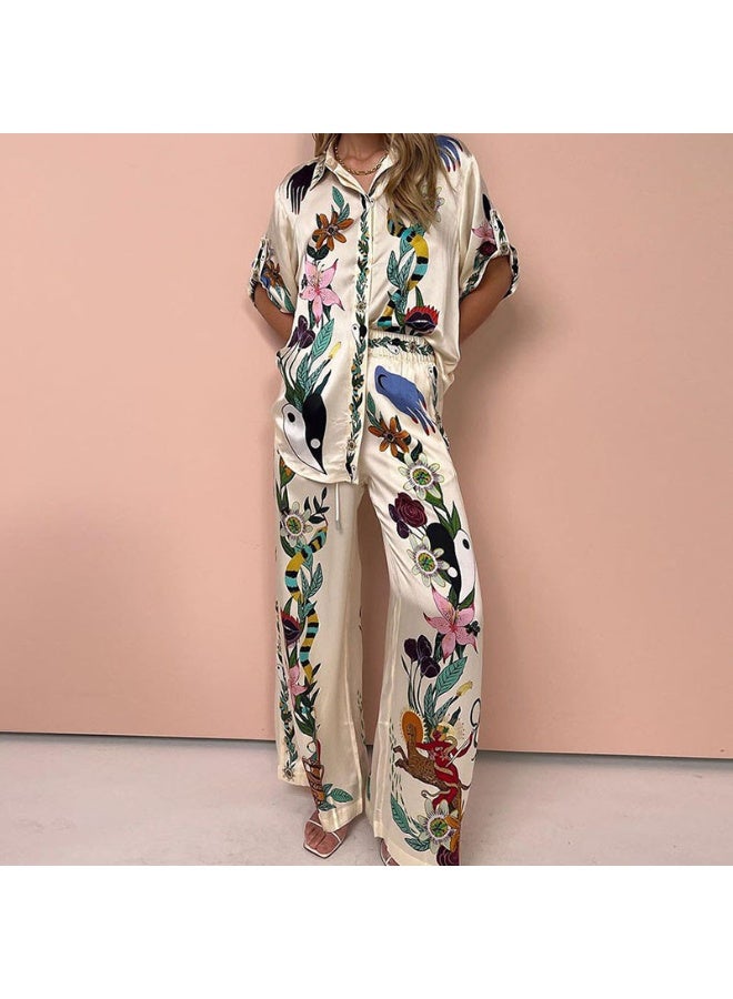 general Women's 2025-2026 Fashion Print Round Neck Loose Batwing Sleeve Waist Cinched Wide Leg Pants Set - Image 1