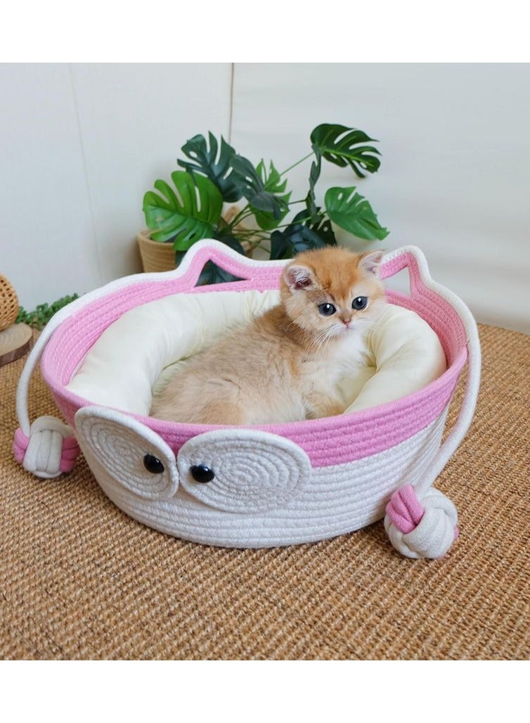 A.M Handwoven Cotton Rope Cat Bed Cat Hammock Foldable Sleeping Nest Basket Handmade Natural Cradle Scratcher Cuddler for Kitten Cute Style with a Playing Rope Ball - Image 2