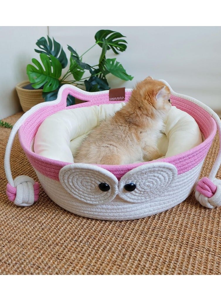 A.M Handwoven Cotton Rope Cat Bed Cat Hammock Foldable Sleeping Nest Basket Handmade Natural Cradle Scratcher Cuddler for Kitten Cute Style with a Playing Rope Ball - Image 3