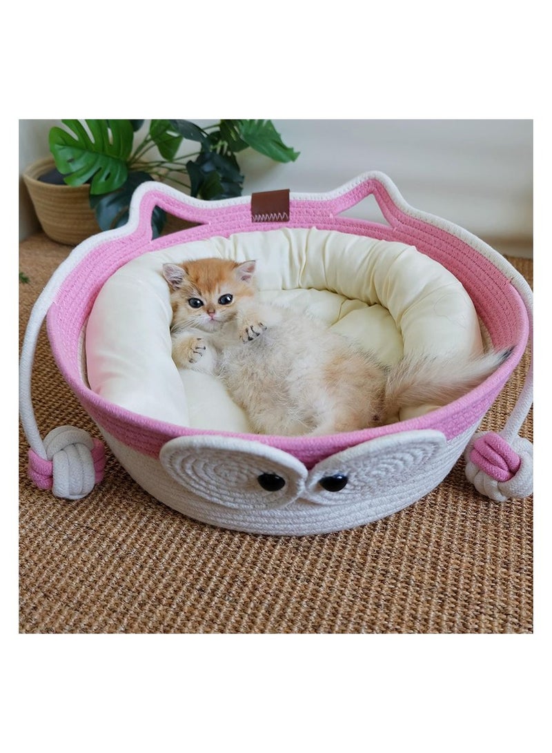 A.M Handwoven Cotton Rope Cat Bed Cat Hammock Foldable Sleeping Nest Basket Handmade Natural Cradle Scratcher Cuddler for Kitten Cute Style with a Playing Rope Ball - Image 1