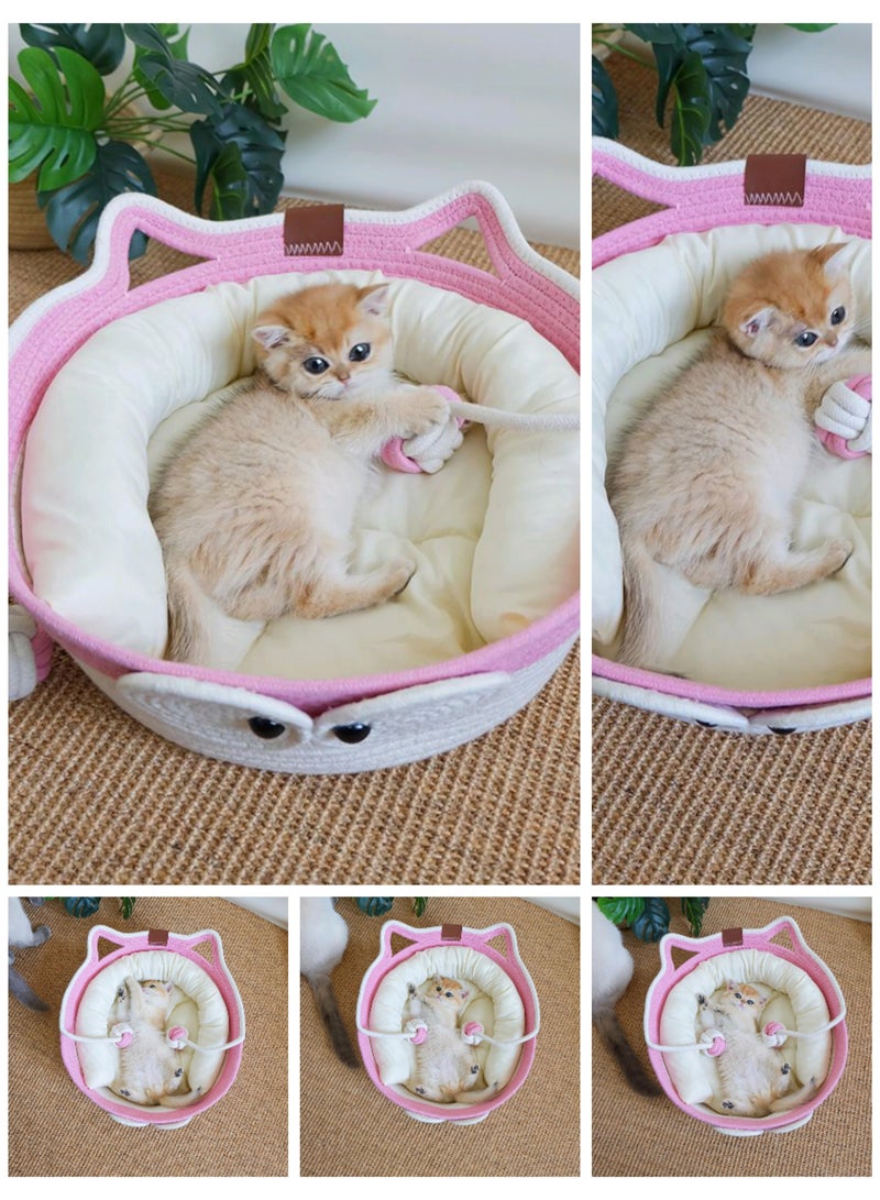 A.M Handwoven Cotton Rope Cat Bed Cat Hammock Foldable Sleeping Nest Basket Handmade Natural Cradle Scratcher Cuddler for Kitten Cute Style with a Playing Rope Ball - Image 4