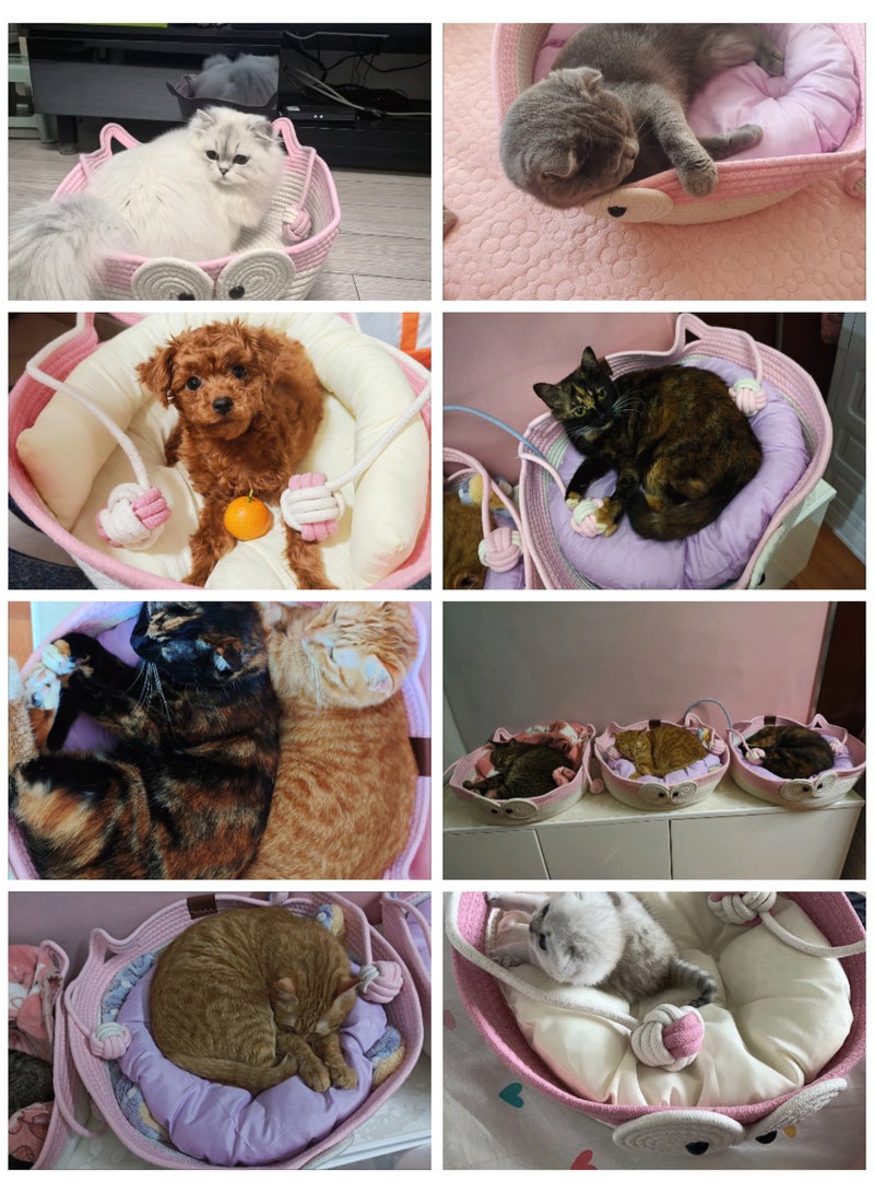 A.M Handwoven Cotton Rope Cat Bed Cat Hammock Foldable Sleeping Nest Basket Handmade Natural Cradle Scratcher Cuddler for Kitten Cute Style with a Playing Rope Ball - Image 5