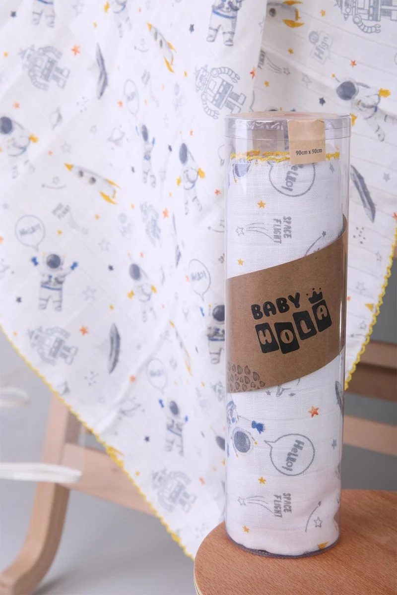 Baby Hola Muslin Cover 85X90CM Astronaut Pattern Organic Gift Breastfeeding Bottom Opening Newborn Stroller Cover