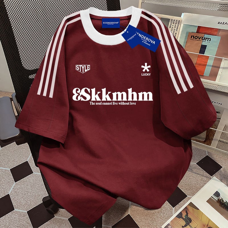Retro Letter Print Color-Block Three-Stripe Short-Sleeve T-Shirt Unisex Summer Casual Trendy Versatile Top Ins - Image 1