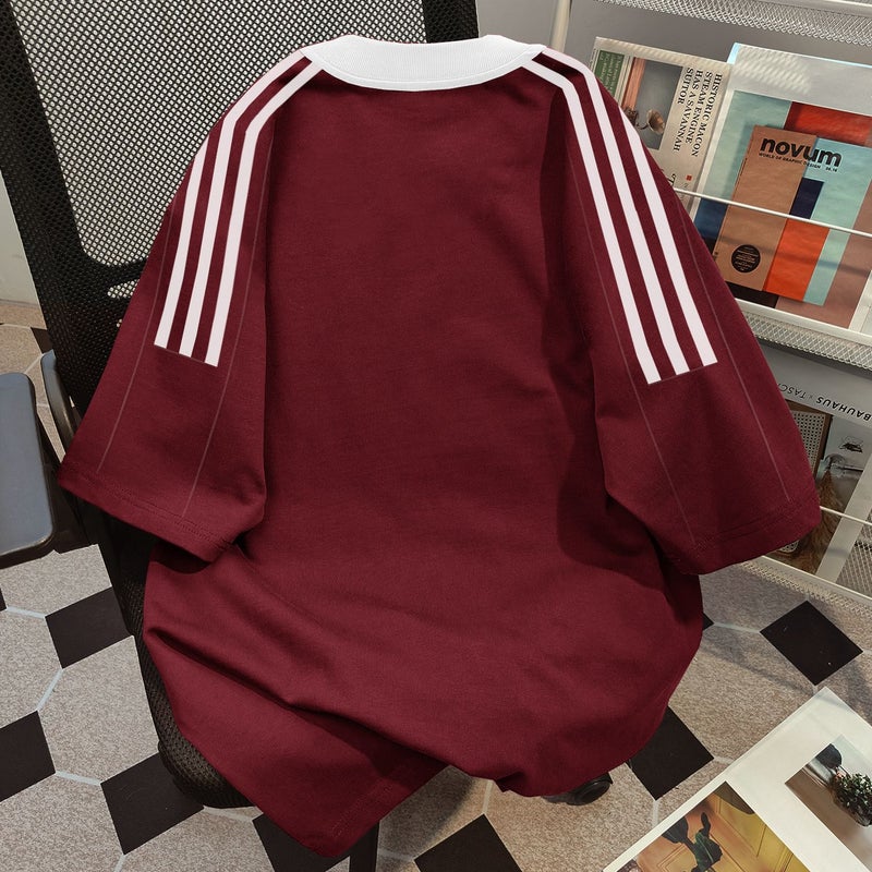Retro Letter Print Color-Block Three-Stripe Short-Sleeve T-Shirt Unisex Summer Casual Trendy Versatile Top Ins - Image 3