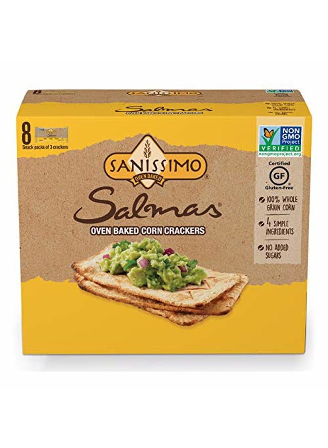 Sanissimo Salmas Oven Baked Corn Crackers, 100% Whole Grain Corn, Gluten Free, Non-GMO Project Verified, 8 Individually Wrapped Snack Packs (3 Crackers Each) - Image 1