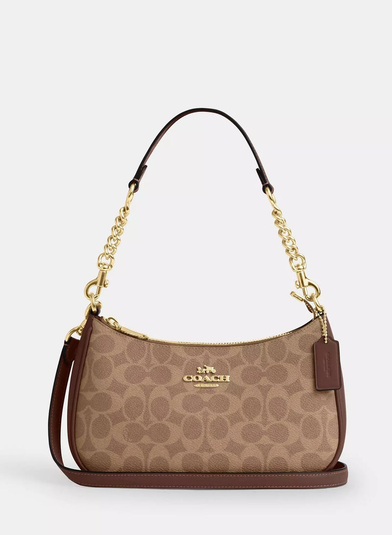 كوتش اوت ليت حقيبة كتف نسائية من Coach Teri مصنوعة من قماش مميز، حقيبة يد نسائية، حقيبة هوبو نسائية، حقيبة توت نسائية، حقيبة سفر نسائية، بنية اللون، 24 سم - Image 1