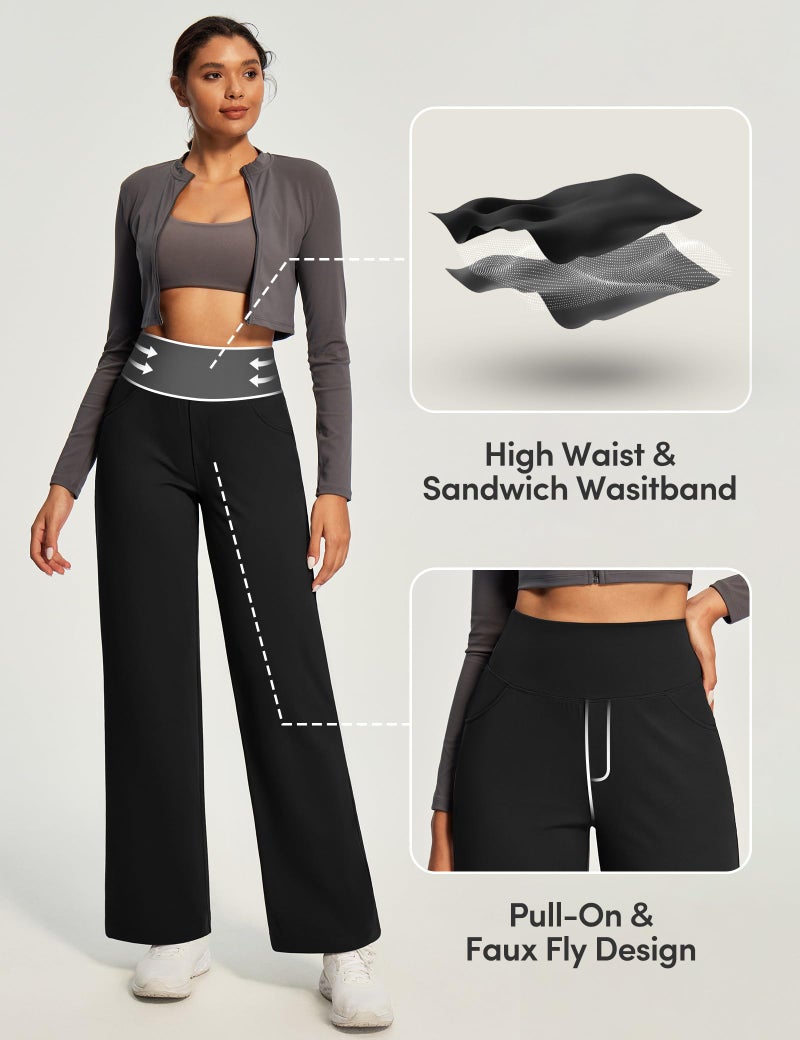 IUGA Yoga Pants Women Wide Leg Pants with Pockets High Waist Stretch Tummy Control Dress Casual Sweatpants Black - Image 4