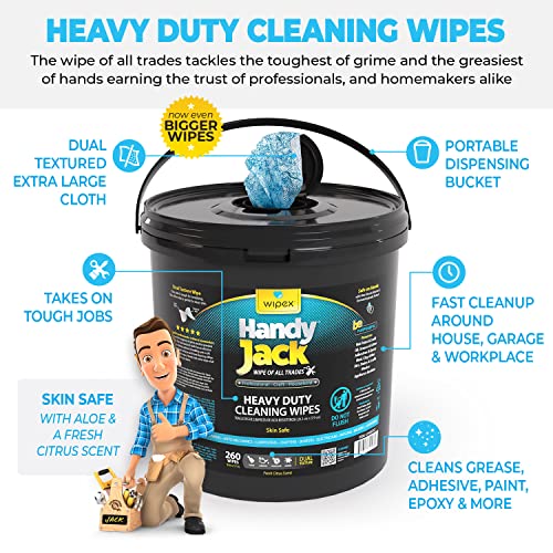 Wipex Handy Jack Heavy Duty Wipes, Dual Texture Cleaning Cloth, Use on Hands, Equipment, Tools - Removes Paint, Adhesives, Oil, Grease, & Dirt, Bulk Size, 260 Count (Pack of 1) - Image 2