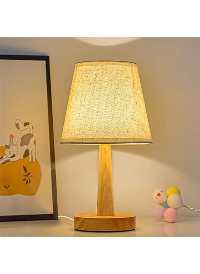 MIXDE Bedside Table Lamp, USB switch cable LED Bedrooms Lamps, Nightstand Desk Lamp, Minimalist Solid Wood Round Base with Fabric Shade for Living Room, Kids Room, Office - trapezoidal cylindrical  - Image 1