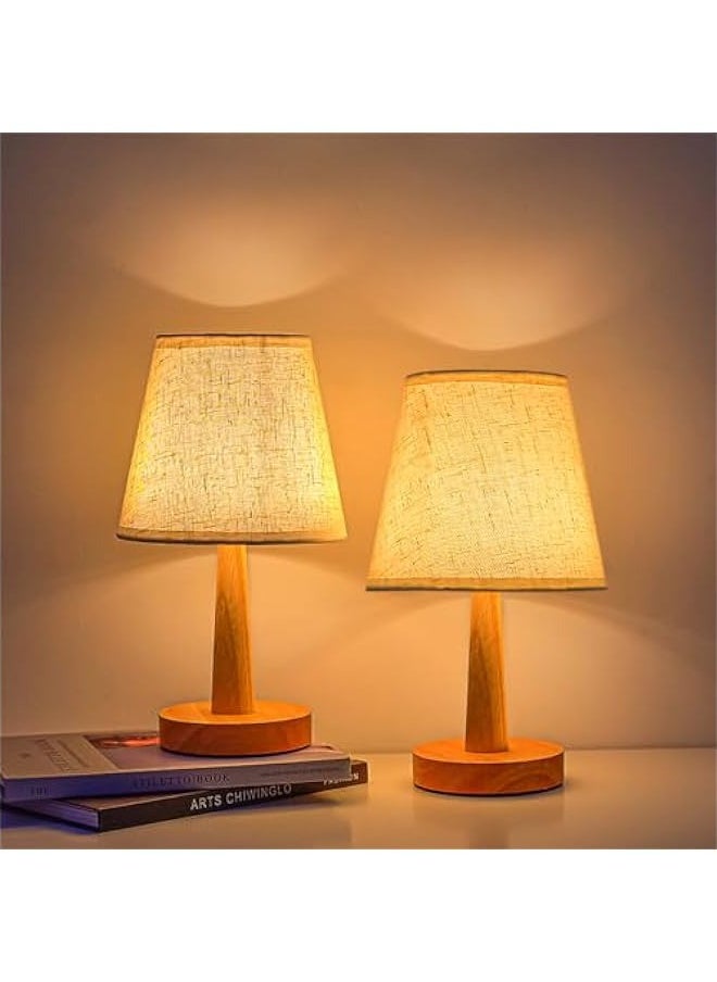 MIXDE Bedside Table Lamp, USB switch cable LED Bedrooms Lamps, Nightstand Desk Lamp, Minimalist Solid Wood Round Base with Fabric Shade for Living Room, Kids Room, Office - trapezoidal cylindrical  - Image 2