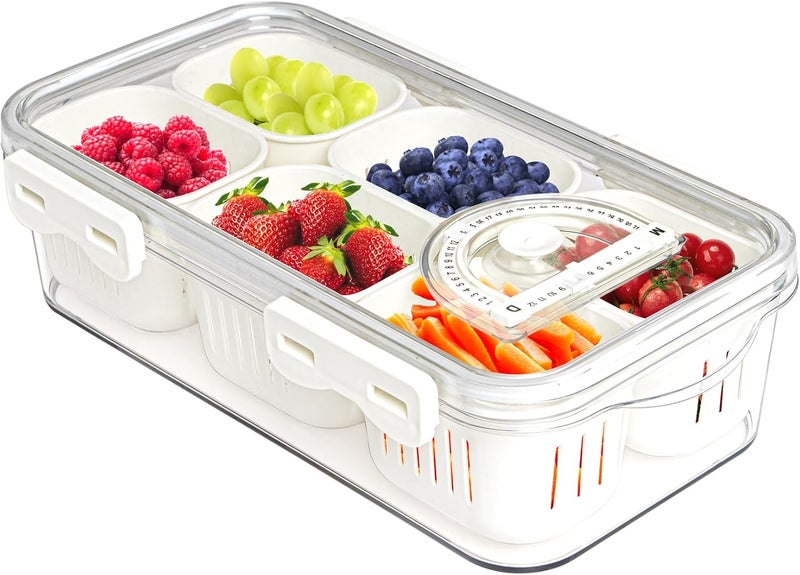 MineSign Divided Food Serving Tray with Lids Stackable Snackle Box for Candy Nuts Spice Fruit&Veggie Container with 6 Small Dividers Plastic Storage Bins for Fridge Pantry Freezer - Image 1