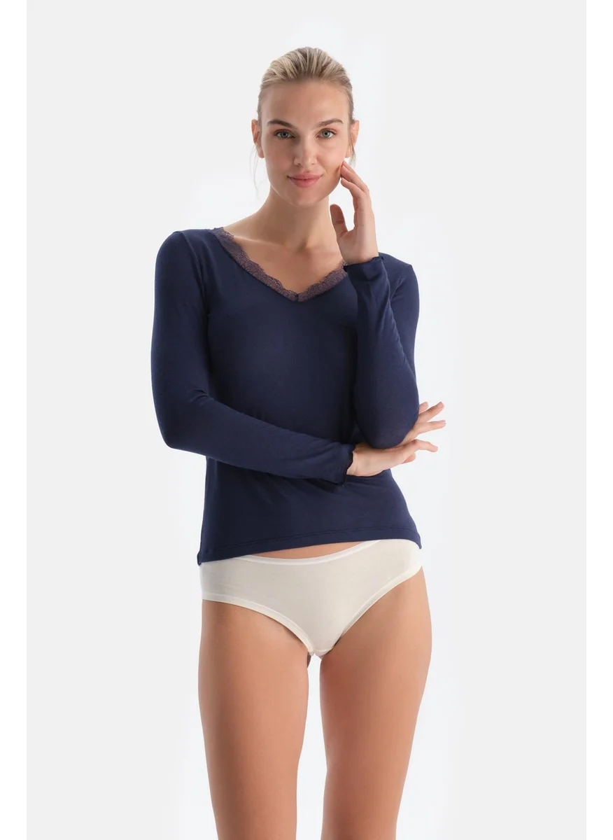dagi Navy Blue 5015KC Modal Cashmere Lace Detail V Neck Long Sleeve Blouse