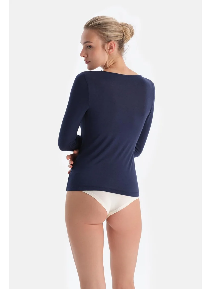 dagi Navy Blue 5015KC Modal Cashmere Lace Detail V Neck Long Sleeve Blouse