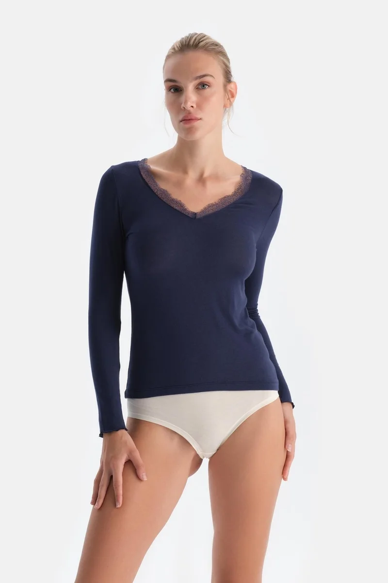 dagi Navy Blue 5015KC Modal Cashmere Lace Detail V Neck Long Sleeve Blouse