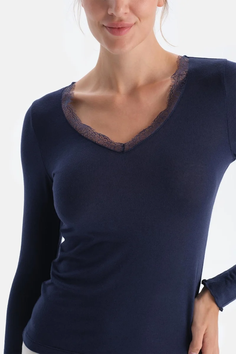 dagi Navy Blue 5015KC Modal Cashmere Lace Detail V Neck Long Sleeve Blouse