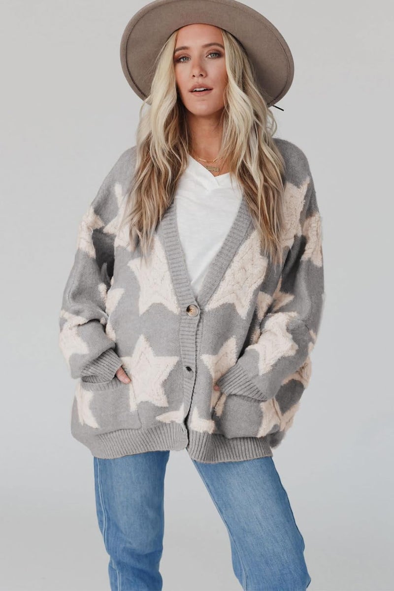 KevaMolly Womens Cardigan Sweater Gray Sherpa Star Pattern Textured Sweater Cardigan with Pockets Stars Casual Winter Sweater M - Image 4
