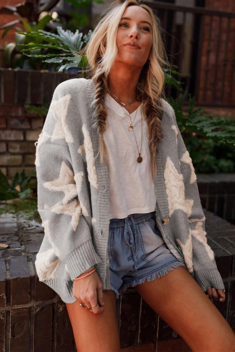 KevaMolly Womens Cardigan Sweater Gray Sherpa Star Pattern Textured Sweater Cardigan with Pockets Stars Casual Winter Sweater M - Image 3