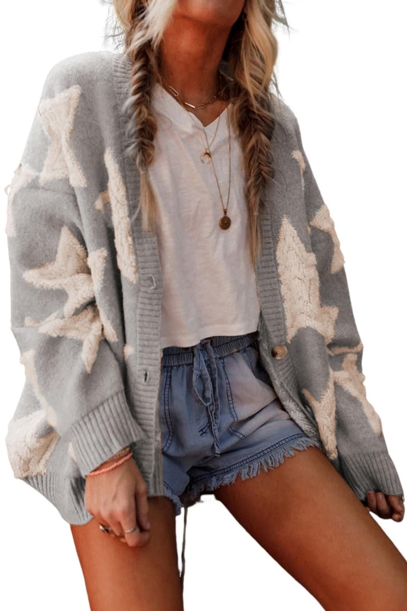 KevaMolly Womens Cardigan Sweater Gray Sherpa Star Pattern Textured Sweater Cardigan with Pockets Stars Casual Winter Sweater M - Image 1