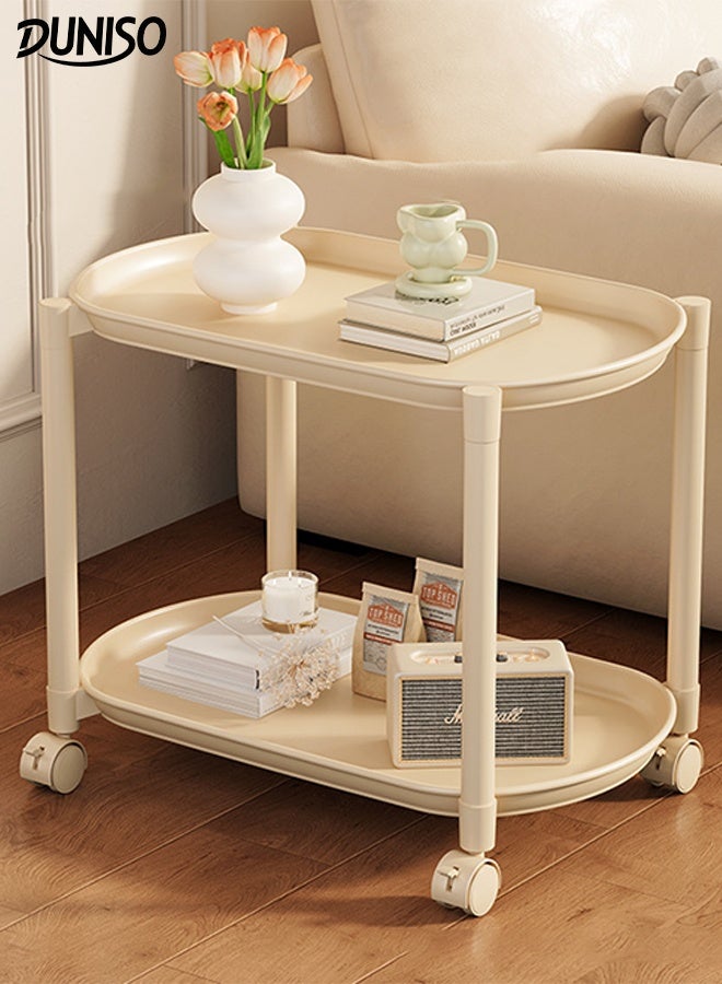 DUNISO 2-Tier Sofo Side Table Multifunctional Small End Tables with 4 wheels Modern Small Coffee Table Multifunctional Shelf  Elliptical Tray Storage Organizer Trolley for Living Room, Bedroom, Balcony, Office - Image 1