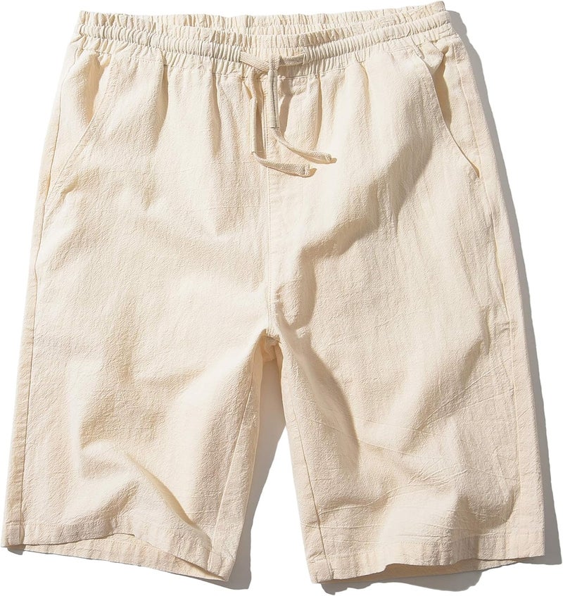 SIR7 Men's Linen Casual Classic Fit 11 Inch Inseam Elastic Waist Shorts with Drawstring - Image 1