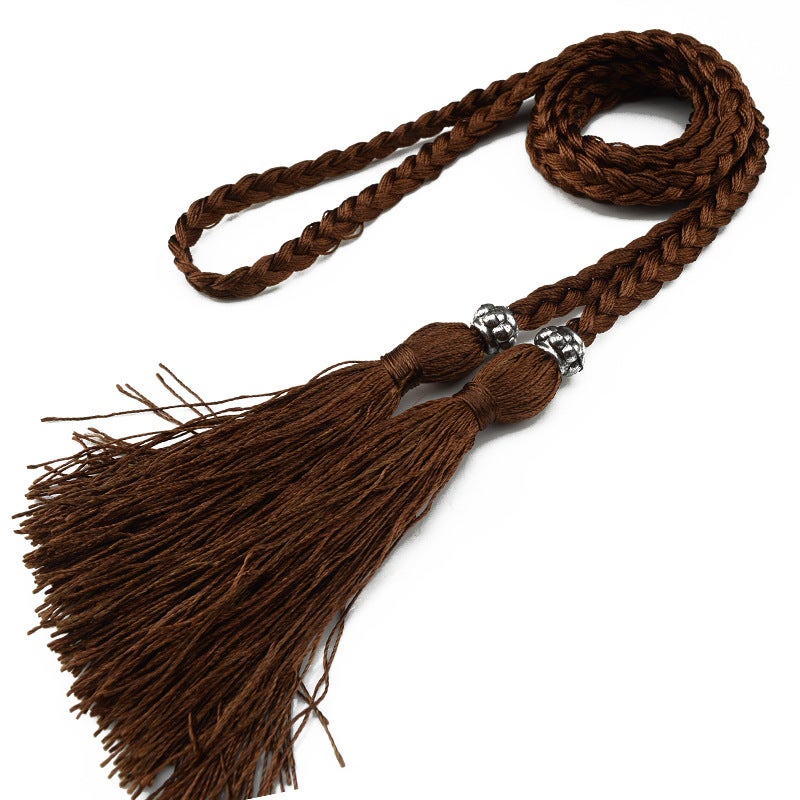 Braided Tassel Belt Ladies Skinny Butterfly Knot Light coffee 