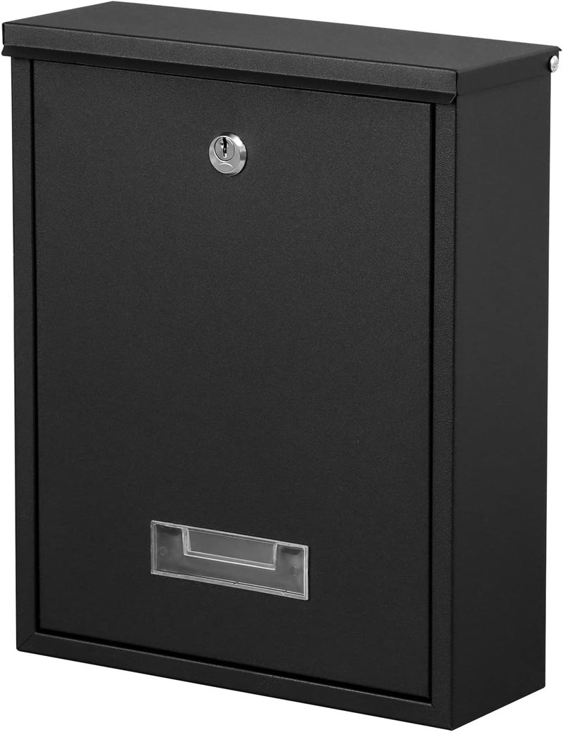 Dalmbox Locking Mailbox Wall Mount, Wall Mounted Mailbox with Key Lock, Large Drop Box with Galvanized Steel Cover, Rust-Proof Metal Post Box, Black, 10.2” x 3.7” x 12.6” - Image 1