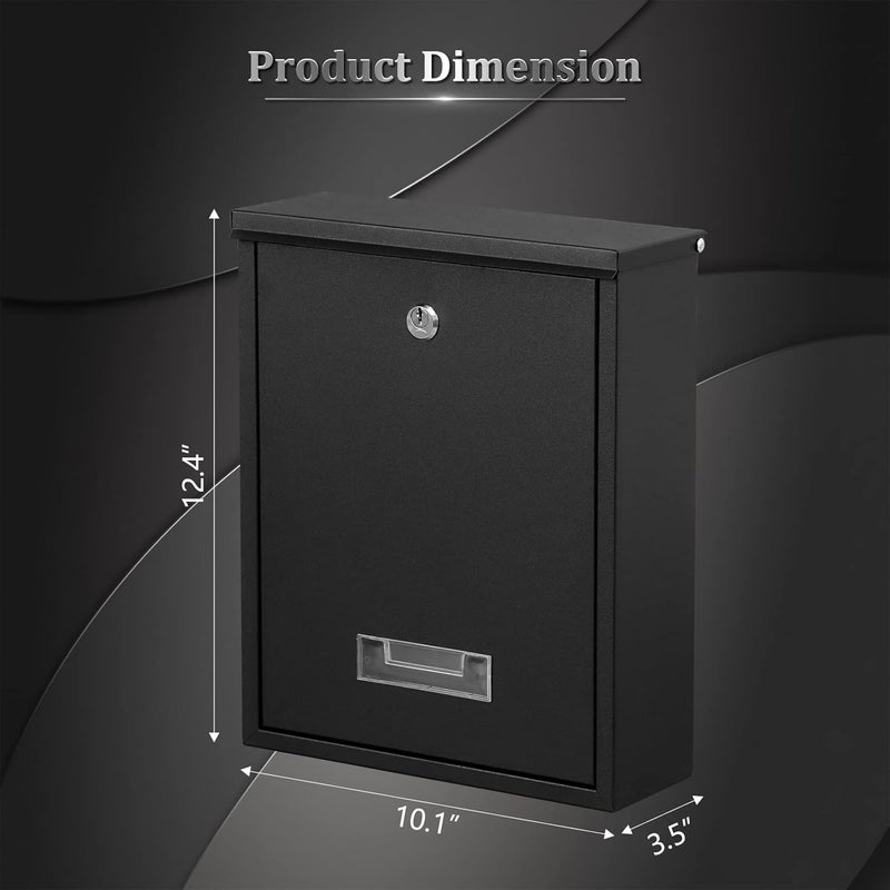 Dalmbox Locking Mailbox Wall Mount, Wall Mounted Mailbox with Key Lock, Large Drop Box with Galvanized Steel Cover, Rust-Proof Metal Post Box, Black, 10.2” x 3.7” x 12.6” - Image 2