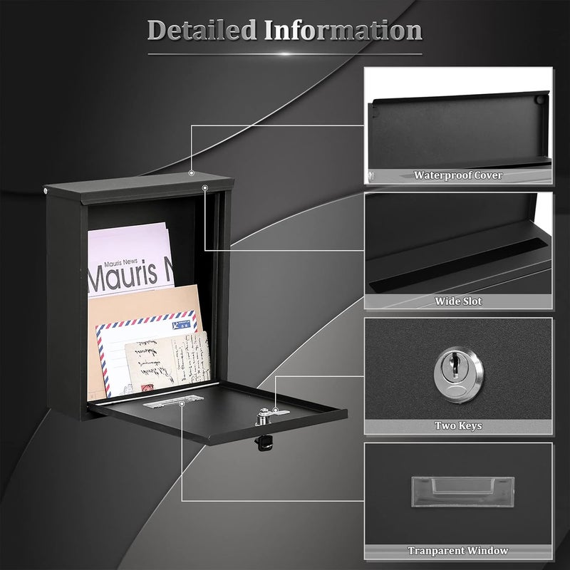 Dalmbox Locking Mailbox Wall Mount, Wall Mounted Mailbox with Key Lock, Large Drop Box with Galvanized Steel Cover, Rust-Proof Metal Post Box, Black, 10.2” x 3.7” x 12.6” - Image 3