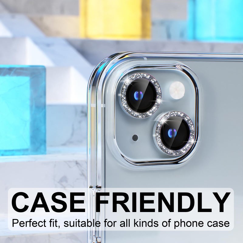 Choiche Compatible for iPhone 15 /iPhone 15 Plus Camera Lens Protector Bling, 9H Tempered Glass Camera Cover Screen Protector Metal Ring Decoration Accessories (Glitter-Silver) - Image 4