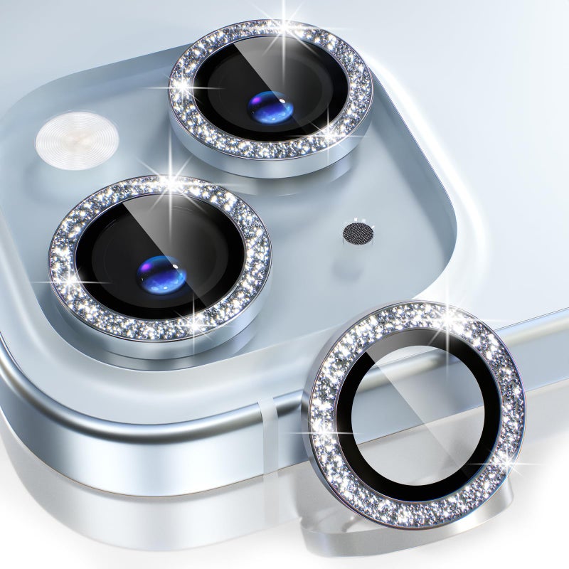 Choiche Compatible for iPhone 15 /iPhone 15 Plus Camera Lens Protector Bling, 9H Tempered Glass Camera Cover Screen Protector Metal Ring Decoration Accessories (Glitter-Silver) - Image 1