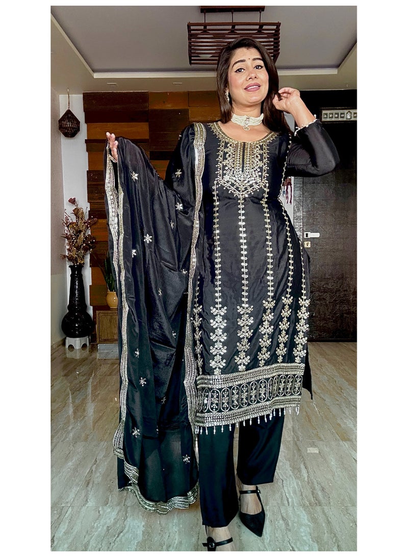 Fully stitched ready to wear Black Dress embroidery work Silk with Heavy embroidery Dress - Image 1