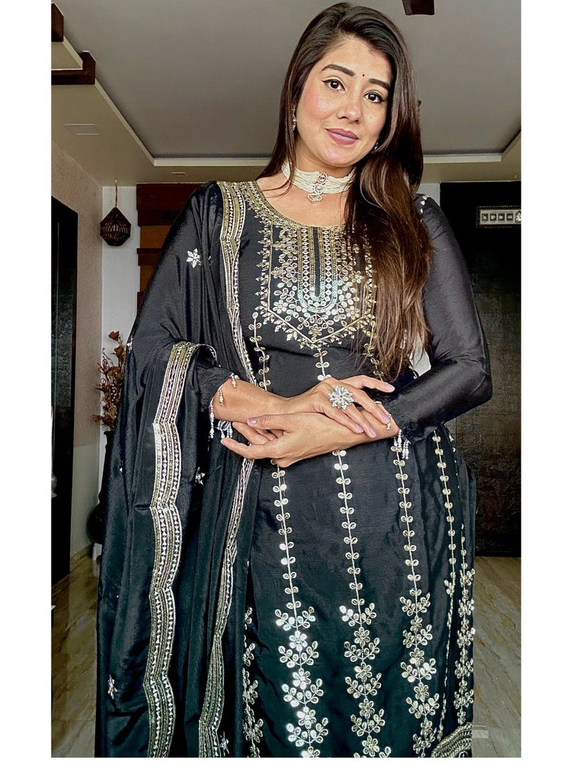 Fully stitched ready to wear Black Dress embroidery work Silk with Heavy embroidery Dress - Image 2