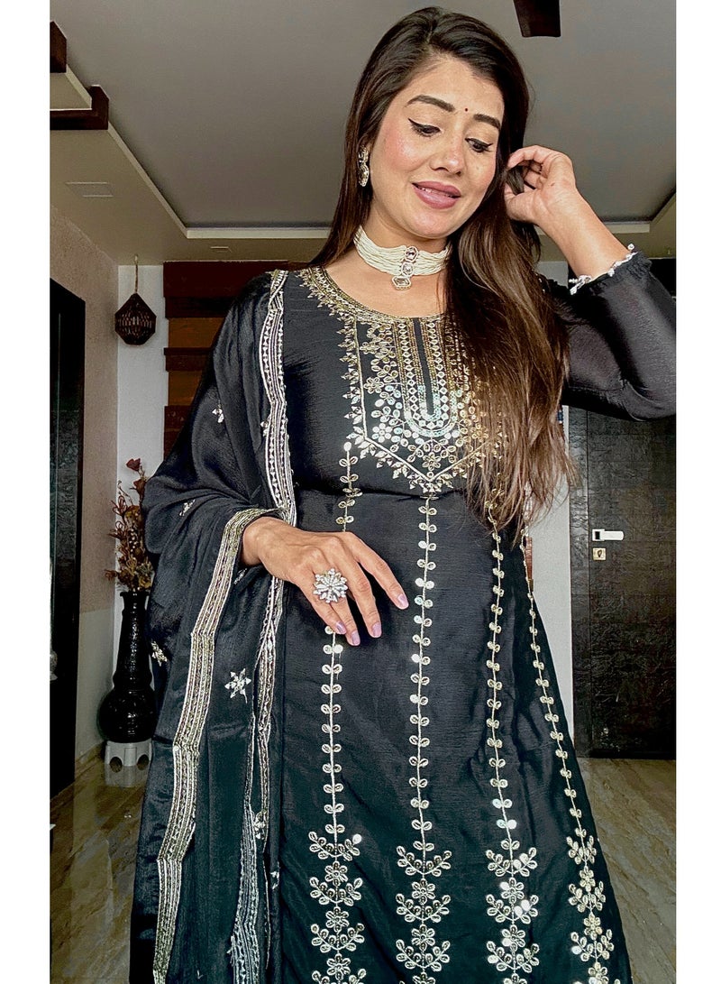 Fully stitched ready to wear Black Dress embroidery work Silk with Heavy embroidery Dress - Image 5